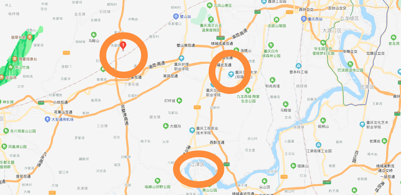 根据百度地图显示 预选址重庆第二机场 距离江津双福直线距离10多公里
